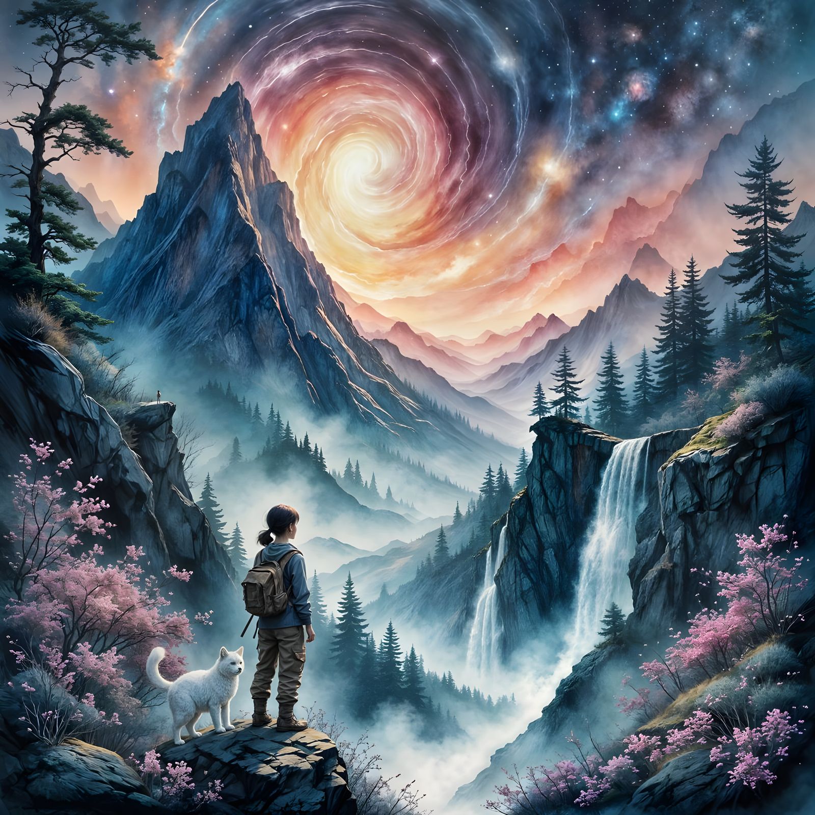 Cosmic Mountain Vista with Solitary Traveler in Ink Wash Sty...