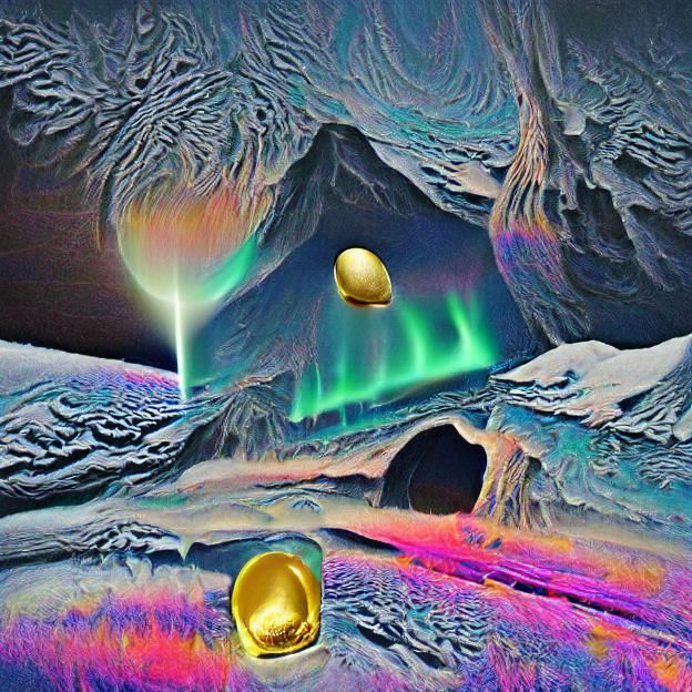 Golden Egg in Space with Aurora Borealis
