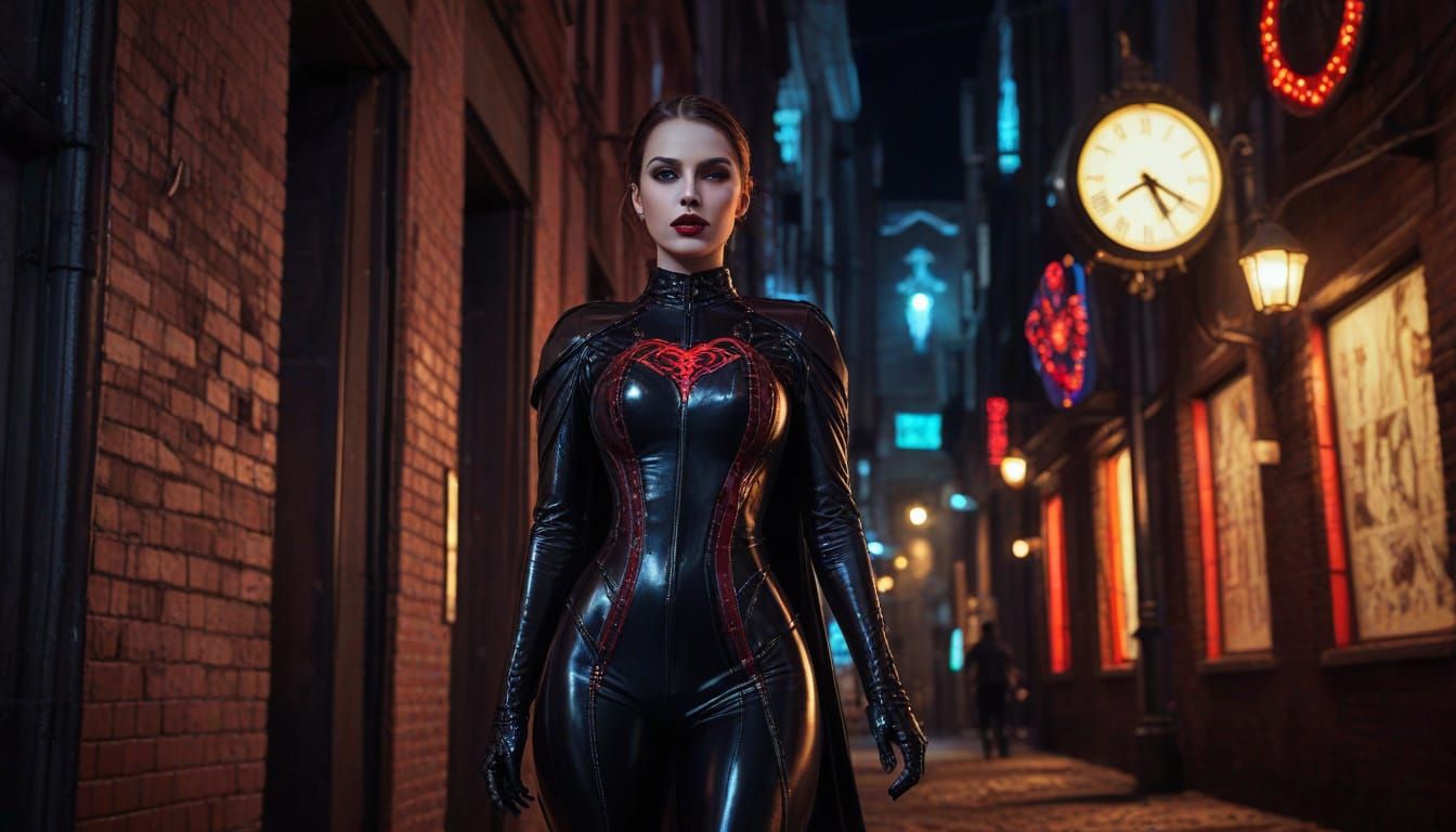 Gothic Goddess in Latex Catsuit, Surrounded by Colossal Cloc...