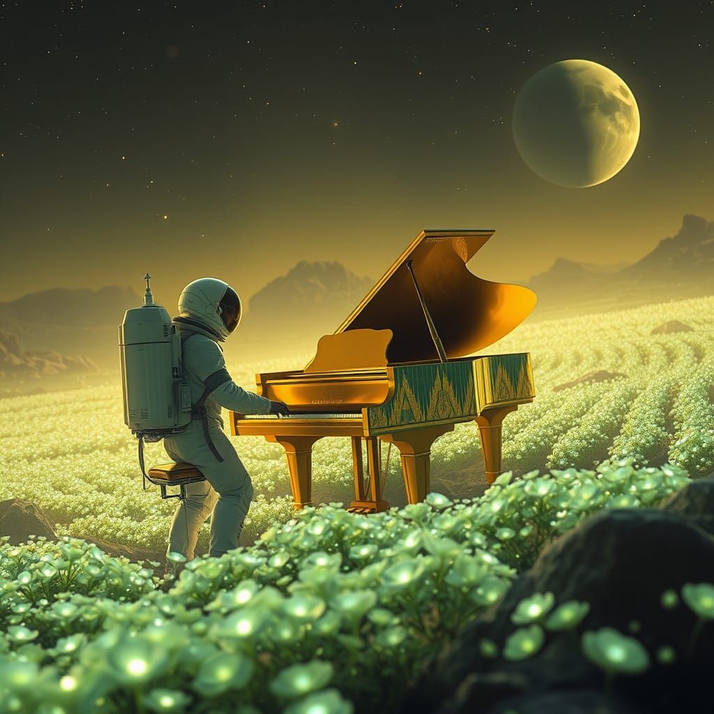 Astronaut Finds Oasis with Golden Piano, Hyperrealistic Styl...