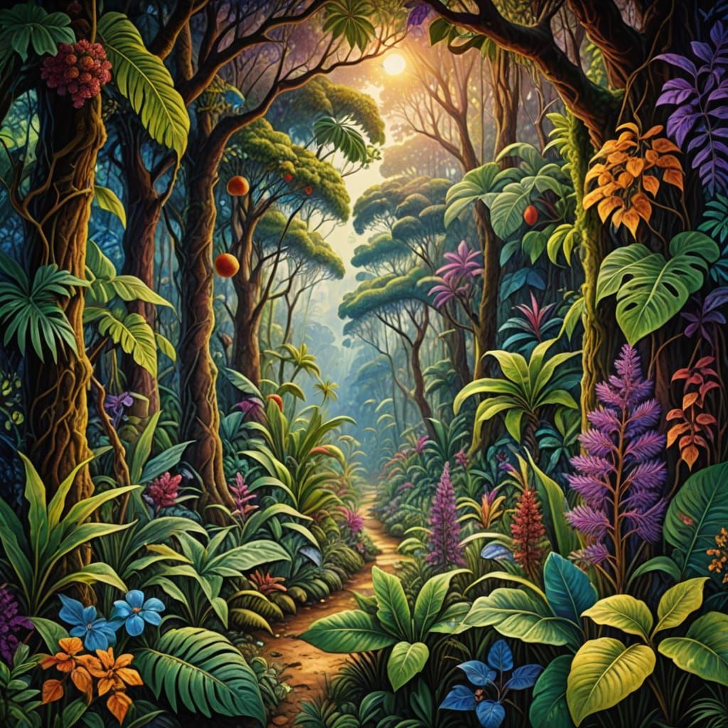 Surreal Botanical Art: Hairy Fruits in a Tropical Forest