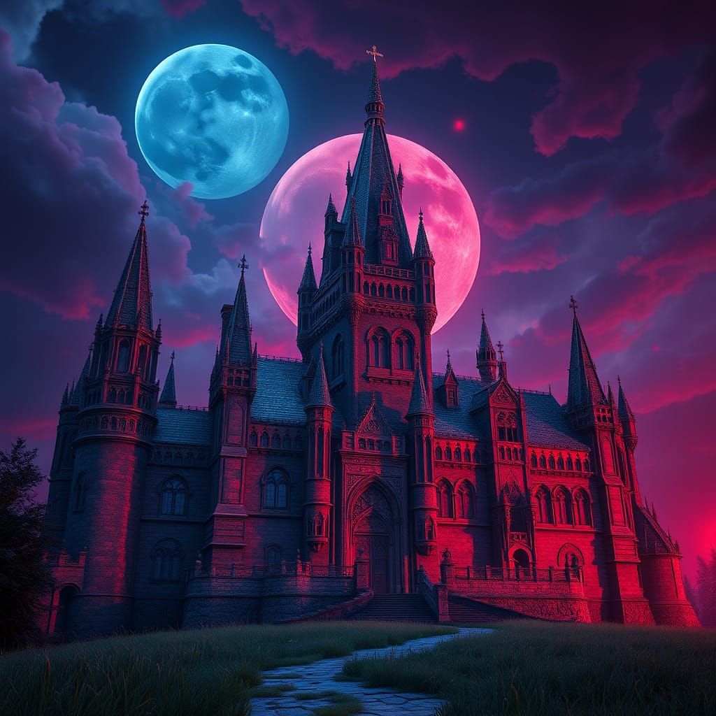 Mystical Wolfman's Castle Under a Haunting Crimson Sky