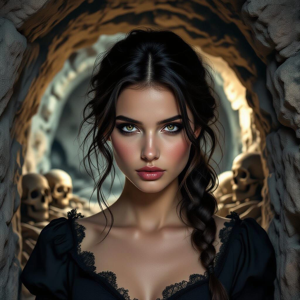 Haunting Female Portrait in Ancient Catacombs