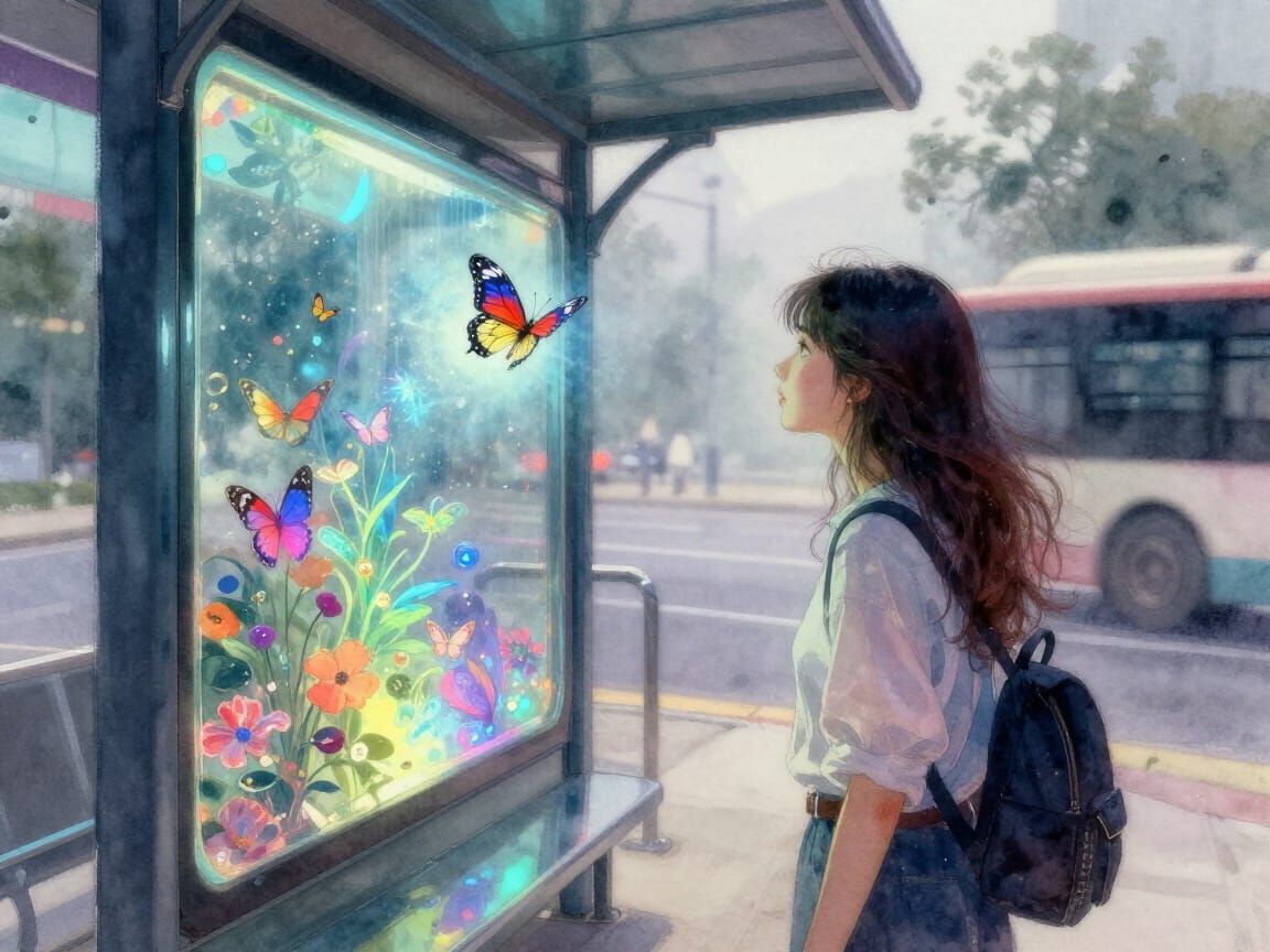 Watercolor of Woman and Butterfly in Bioluminescent Bus Stat...