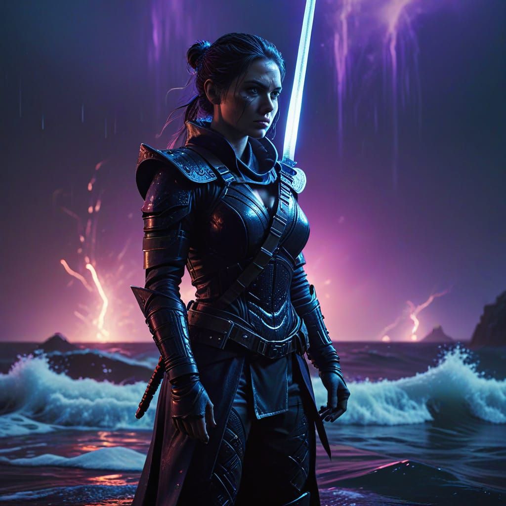 Majestic Ninja Warrior in Turbulent Ocean with Electric Elem...