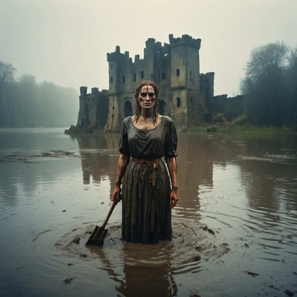 Eerie Woman in Lake with Ruined Castle