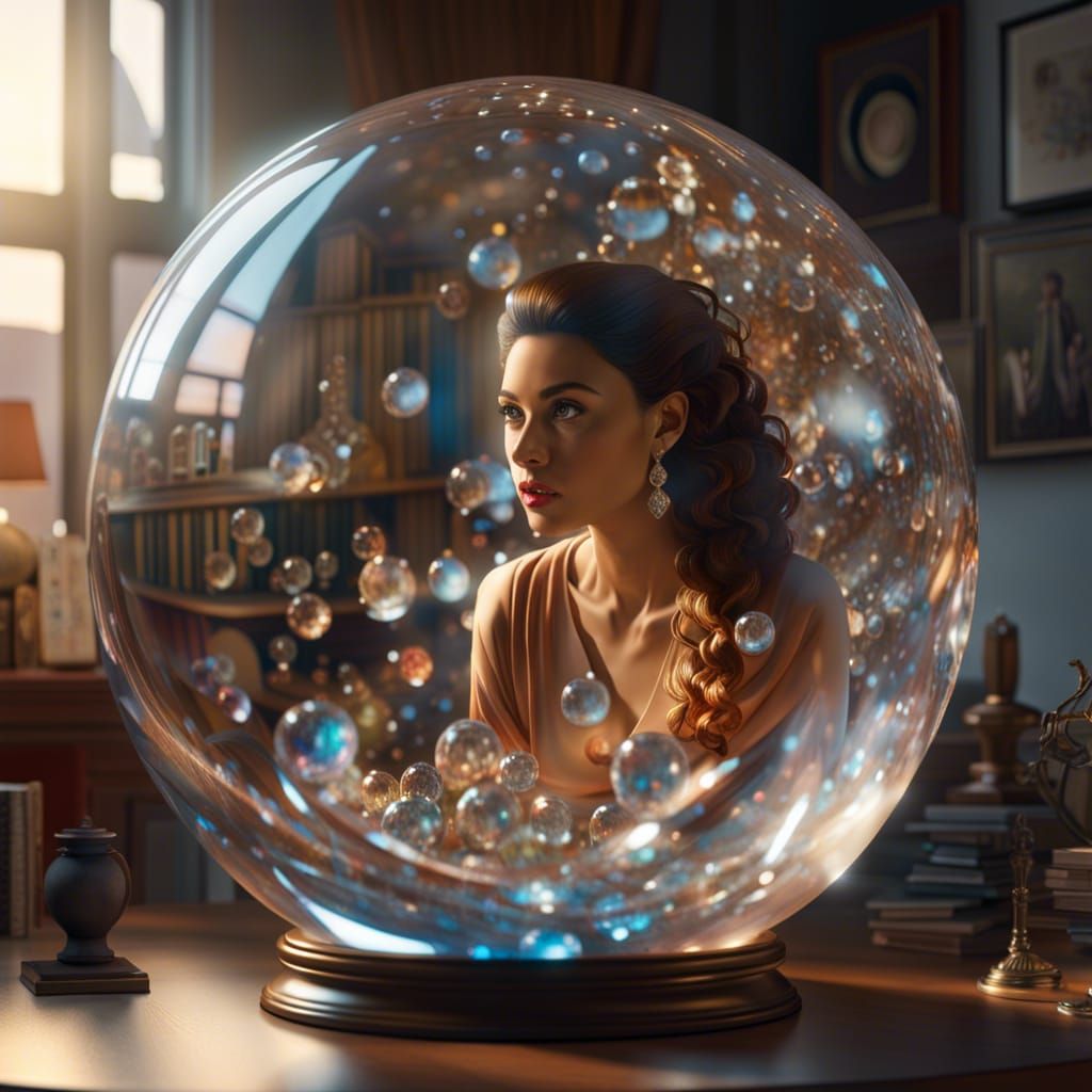 Hyperrealistic Woman Encapsulated in Crystal Ball