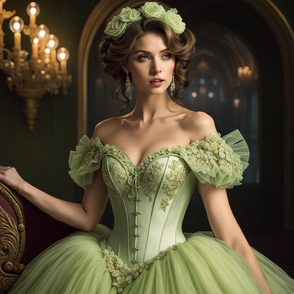 Woman in Tulle Dress, Gouache Detailed Painting