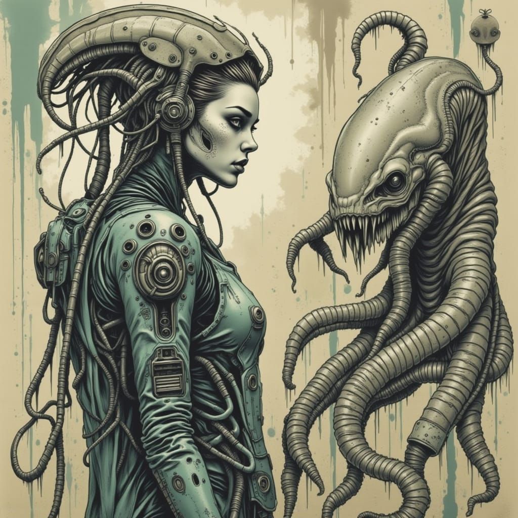 Cyborg Woman with Mosasaur Dress in Giger Style