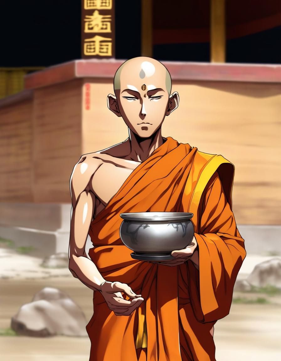 Anime Style Buddhist Monk with Begging Bowl