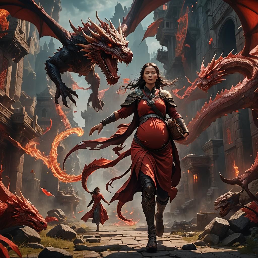 Pregnant Woman Running from Dragon: Fantasy Concept Art