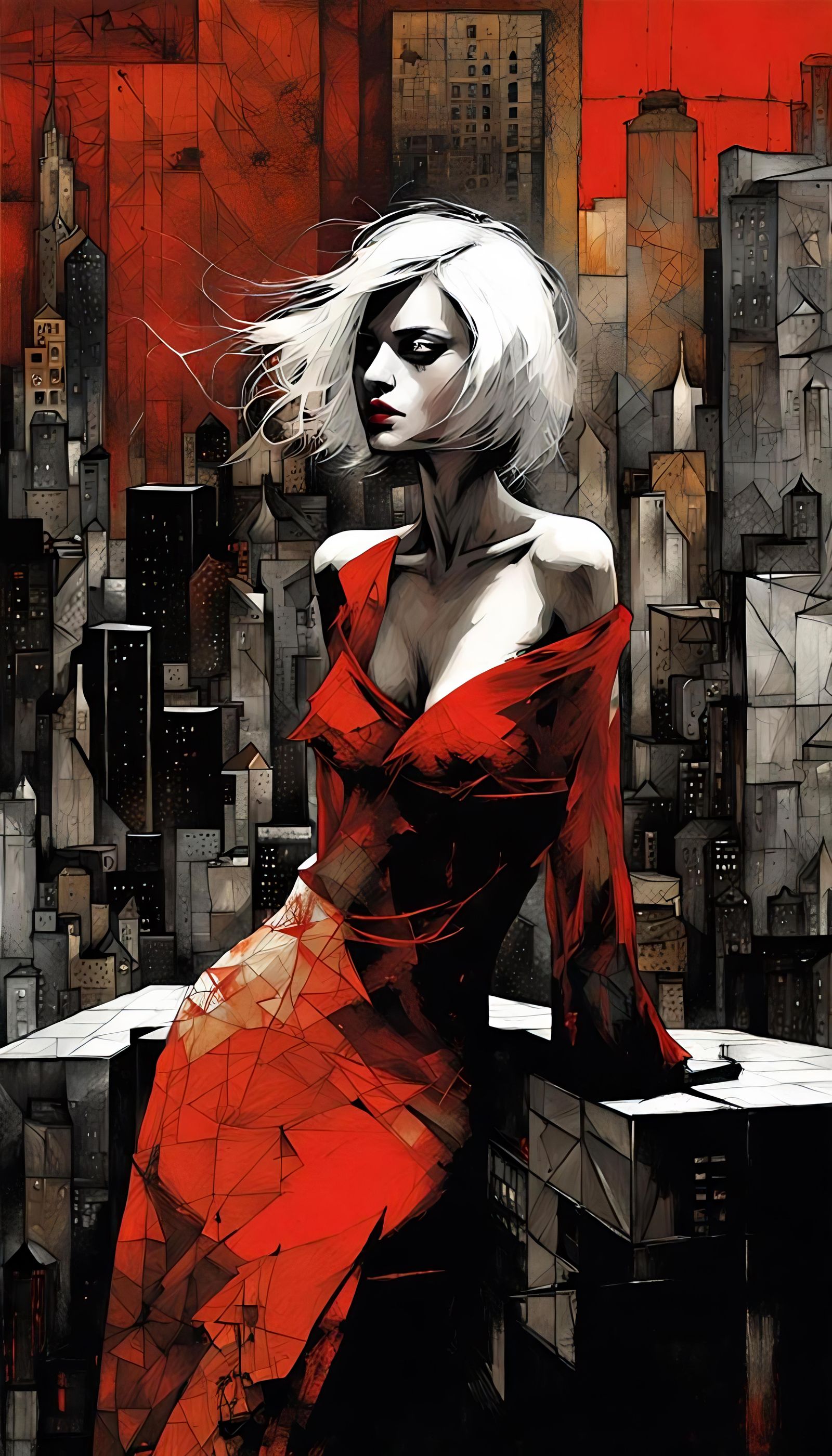 Vampiric Beauty in Cubist City Dreamscape
