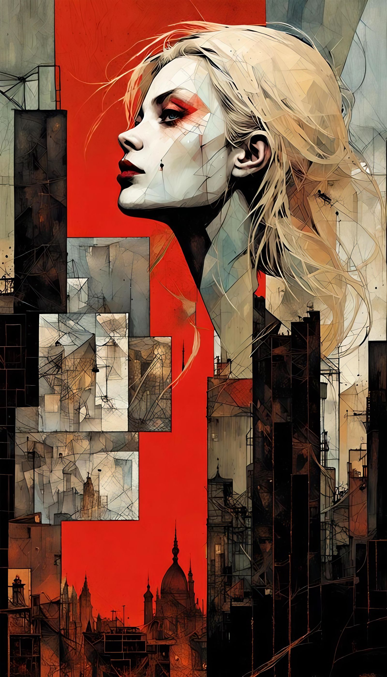 Mysterious Blood-Red Queen in Cubist City Dream