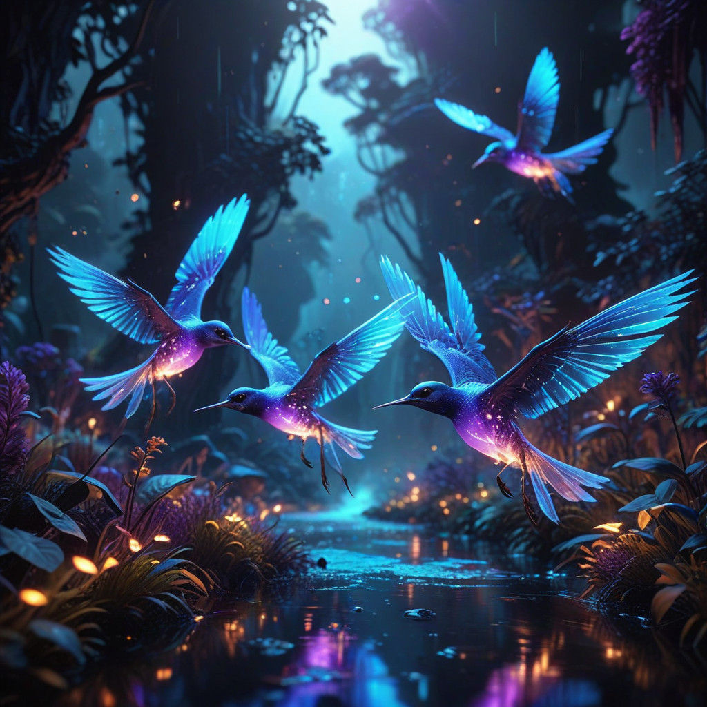 Surreal Futuristic Flock soars through Vibrant Landscape in....