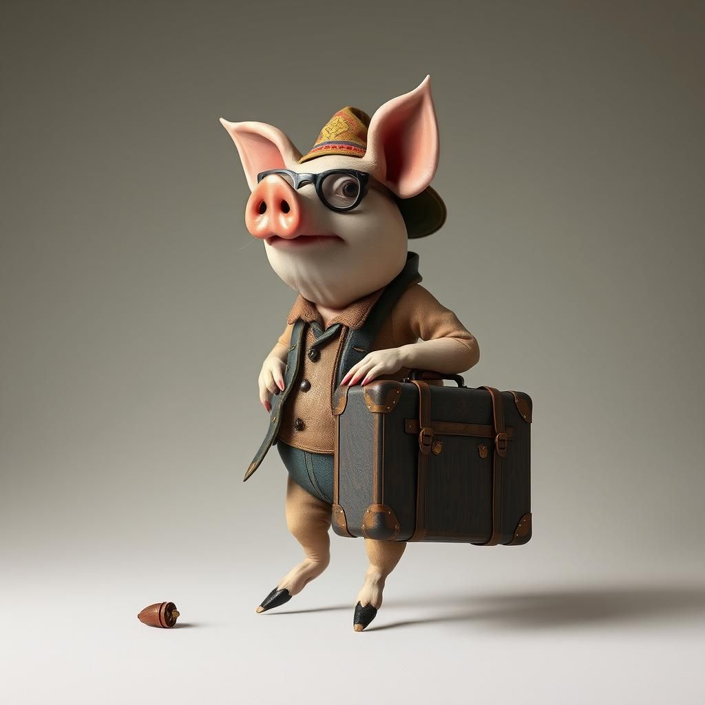 Whimsical Pig Traveler in Naive Art Style
