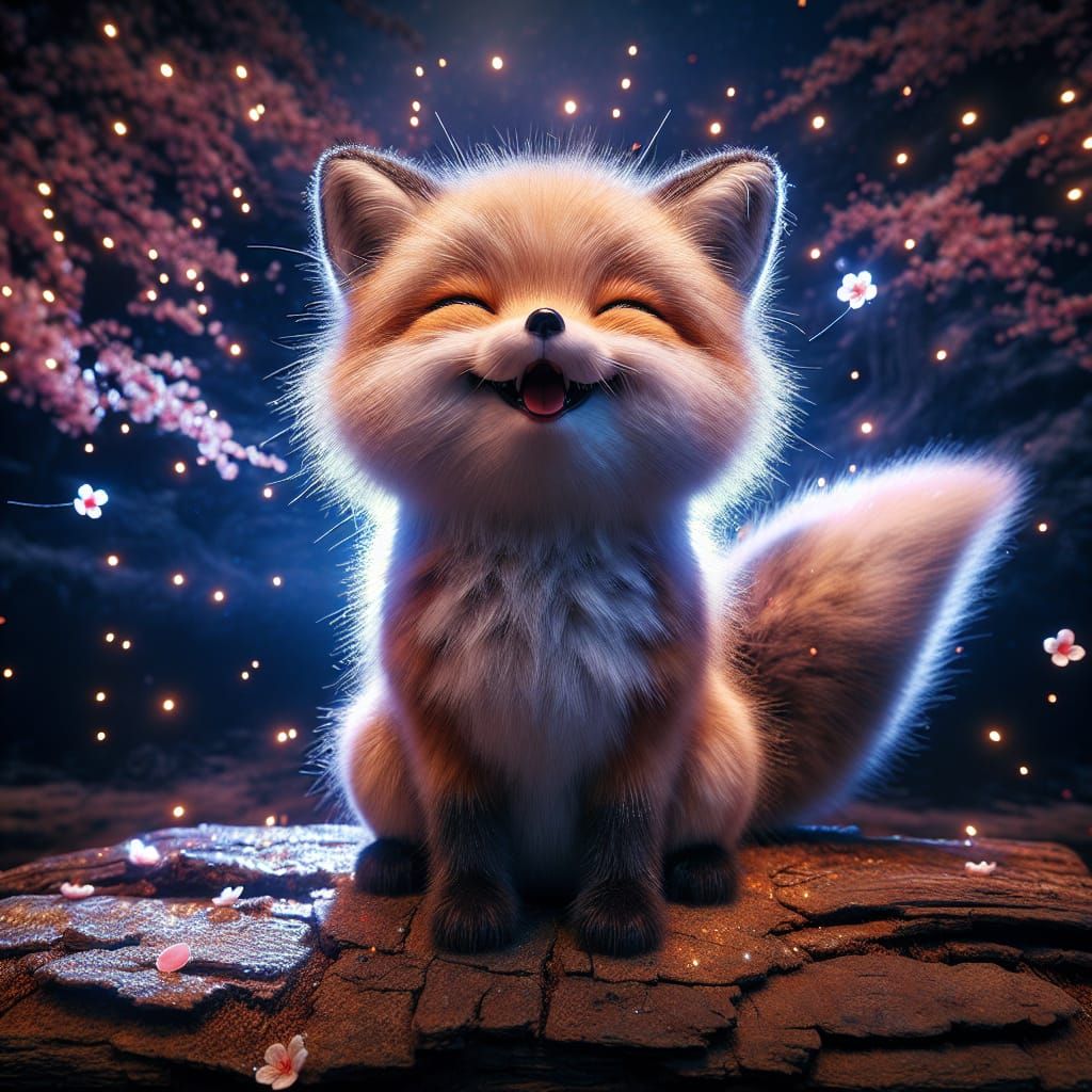Joyful Fox in Hyperrealistic Digital Art with Cherry Blossom...
