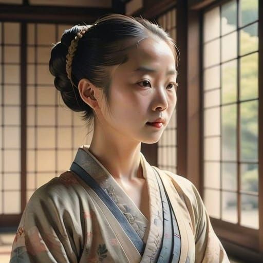 Monochrome Japanese Ink Portrait in Palace Chamber