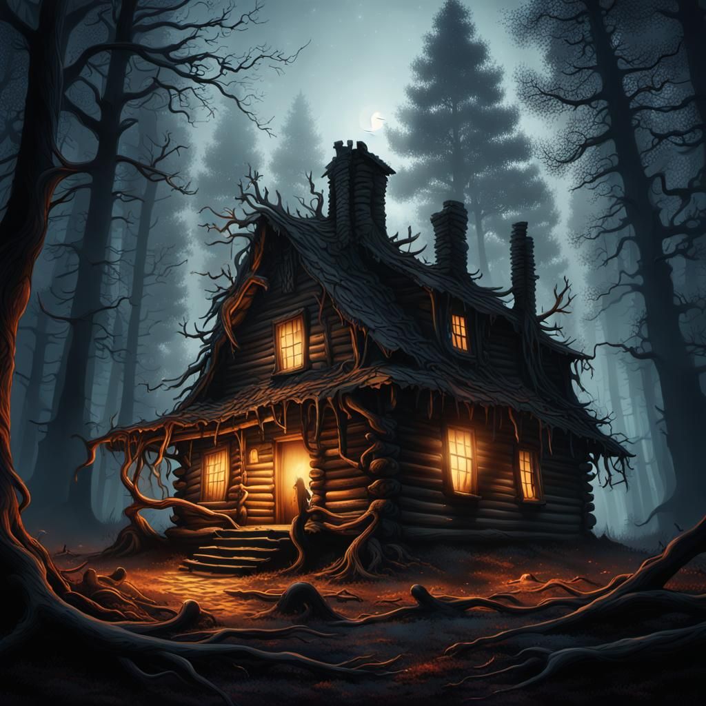 Eerie Forest Cabin in Dark Fantasy Illustration