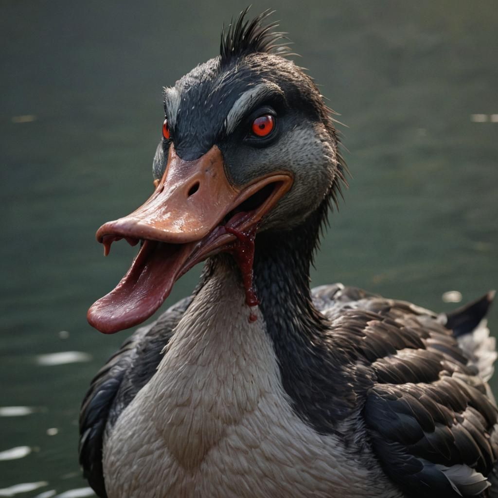 A closeup of a Hyperrealistic, Anthropomorphic Duck Transformed into a terrifying "Wereduck", a werewolf duck mixture, w...