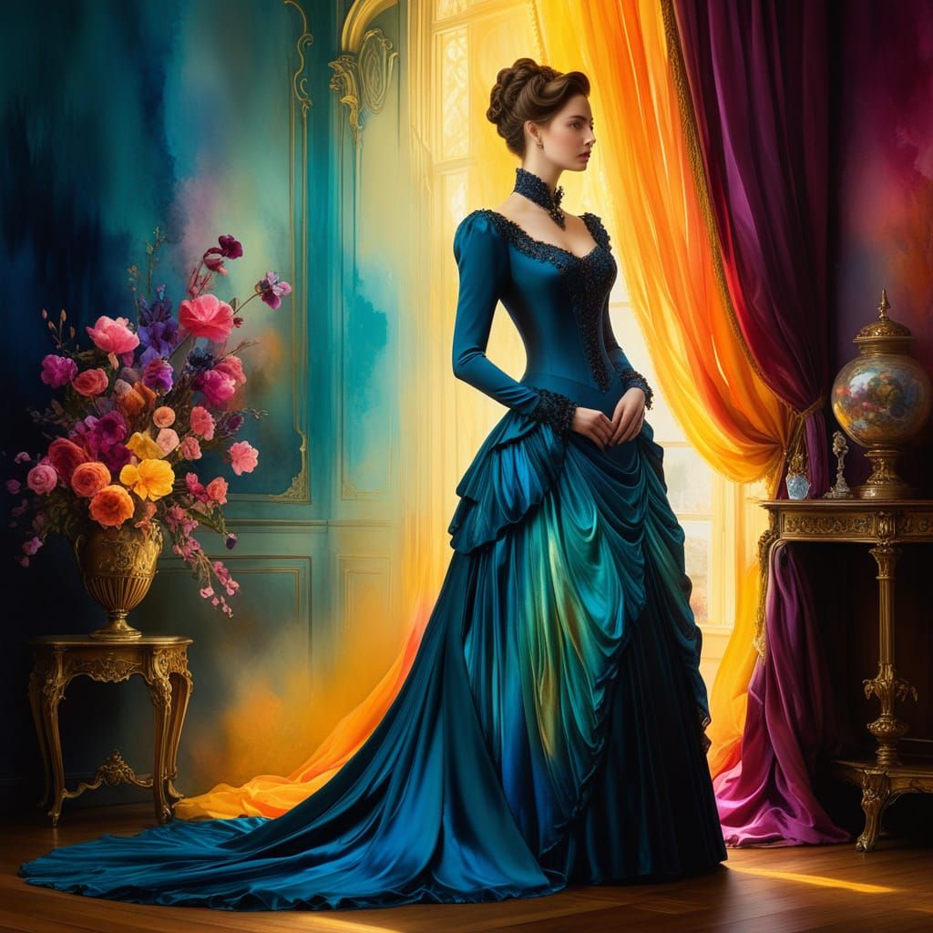 Elegant Victorian Woman in Vibrant Watercolor Bloom Style