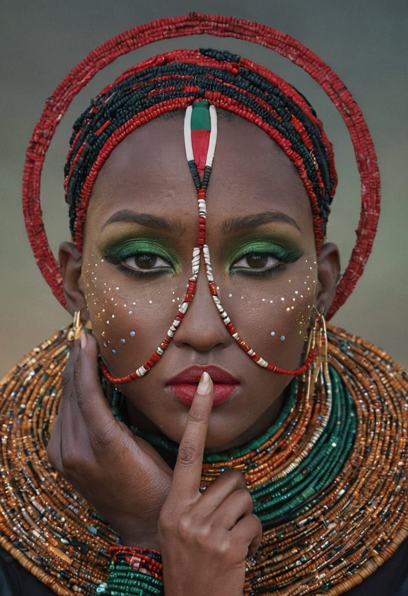 Stunning African Woman in Maasai Regalia, Under Starry Night...