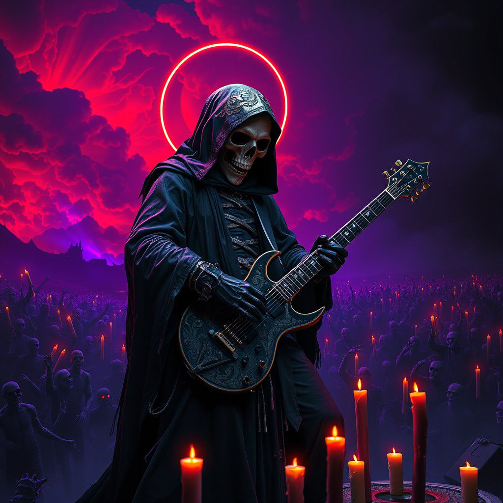 Grim Reaper Shreds Guitar at Metal Concert