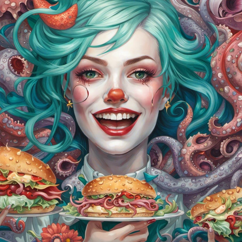 Clown Girl Holds Tentacled Sandwich, Artgerm Style