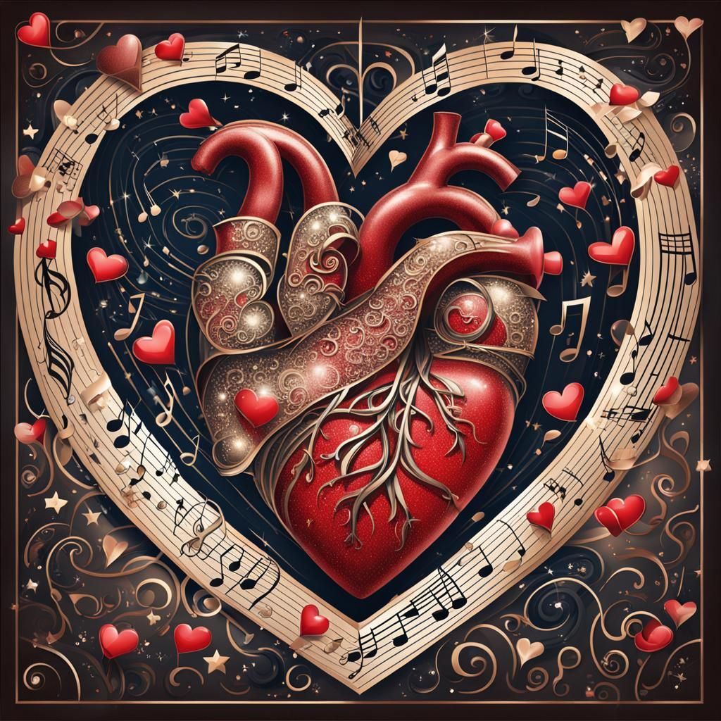 Magical Heart with Musical Notes and Kissing Couple