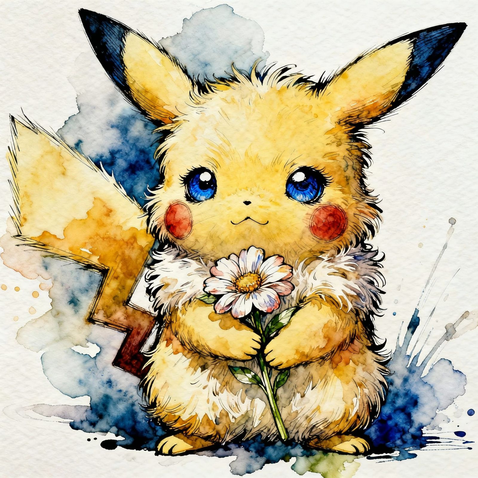 Cute Fluffy Pikachu Holding Flower in Watercolor Style