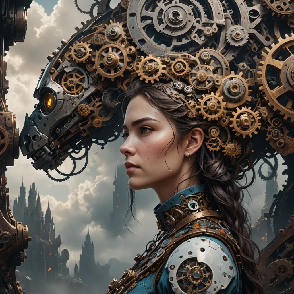 Gears Cloud Woman: Detailed Matte Painting in Fantasy Style