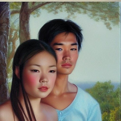 Two Handsome Asian Men in Oil Painting Style