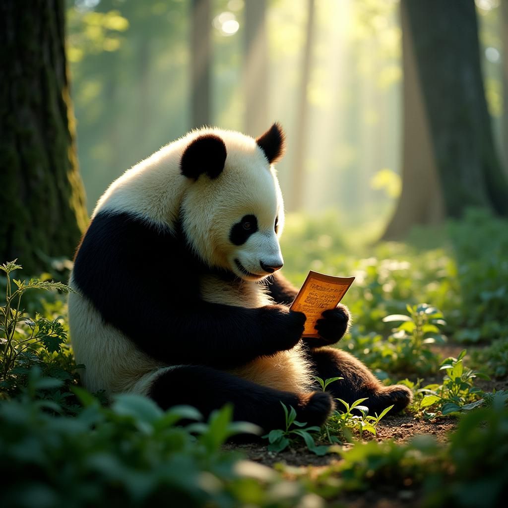 Panda Gazing at Photograph in Forest, Cinematic Style