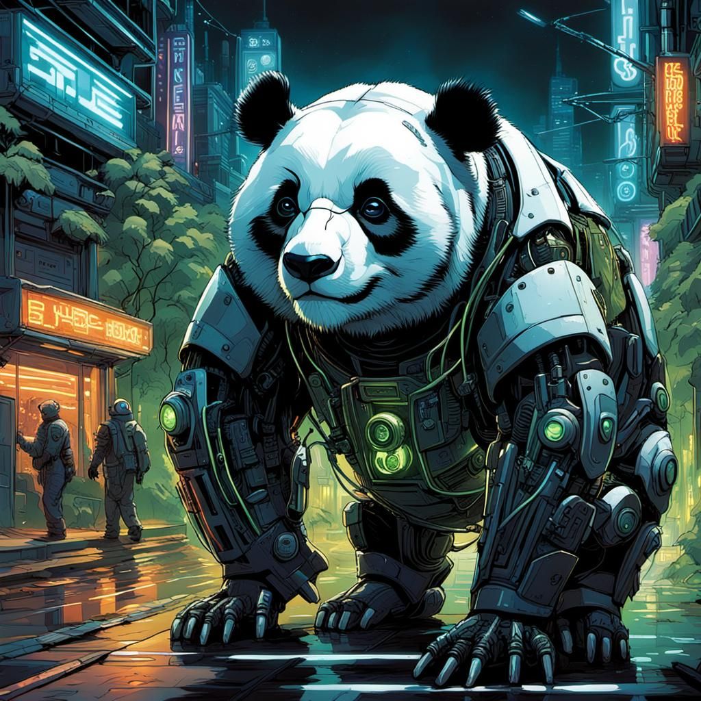 Cyberpunk Panda Hybrid Stalks Neon City Streets