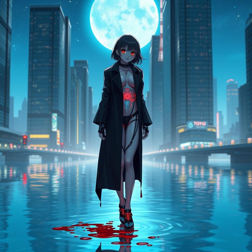 Cyborg Girl in Tokyo River: Anime Concept Art