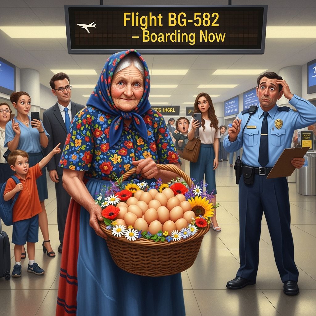 Whimsical Rockwell-Style Airport Scene with Egg Basket