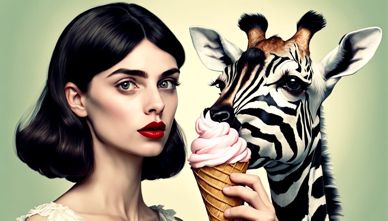 Woman and Monster Zebra Giraffe with Ice Cream
