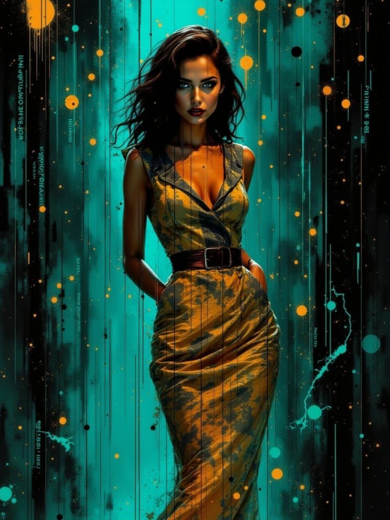 1950s Pin-Up in Cyberpunk Matrix Overlay