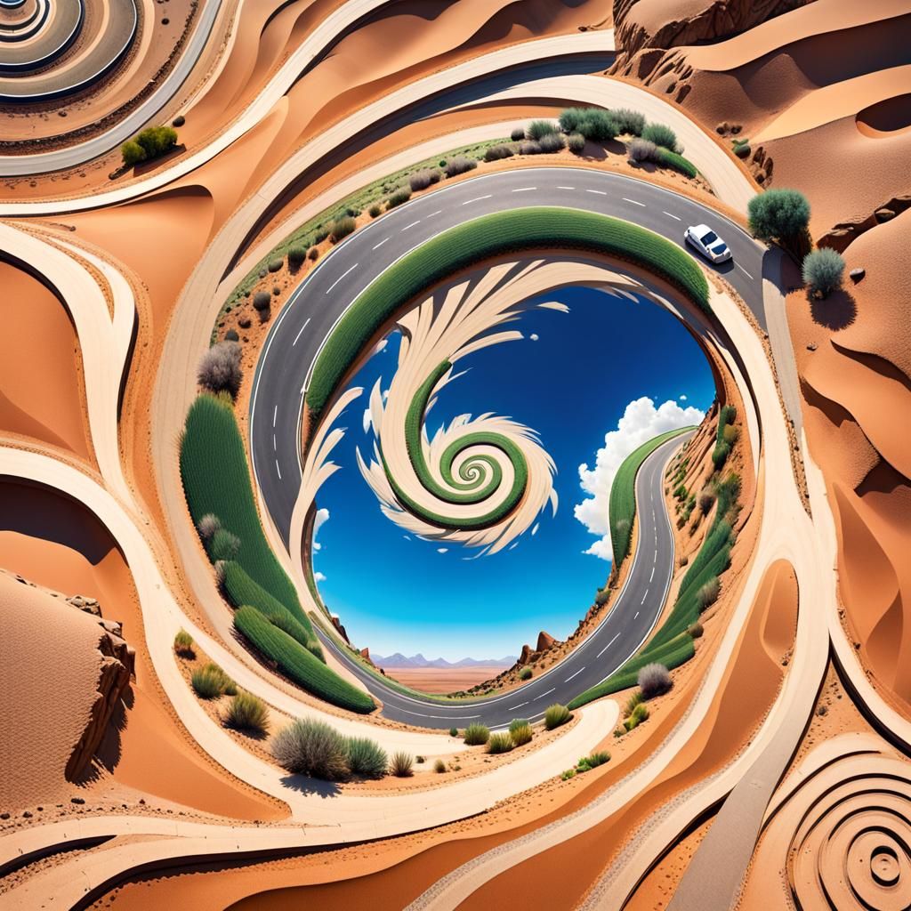 Surreal Winding Road Through Desert Landscape