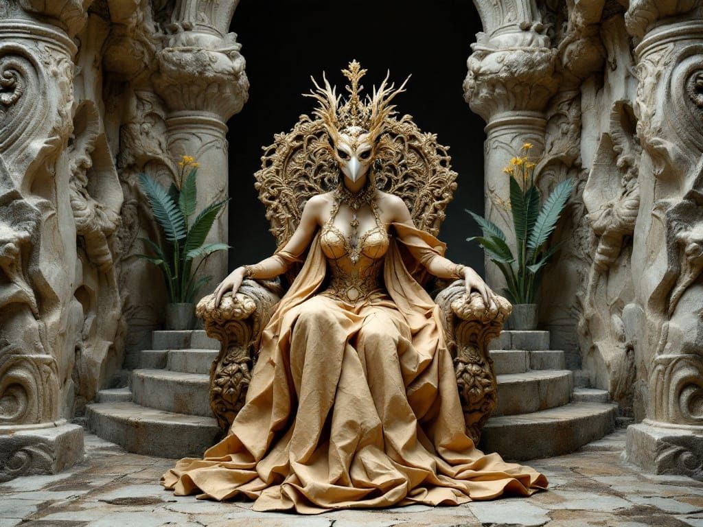 Masked Bird Princess Detailed Organic Stairway to Nowhere Depicted in Embossed Deepshadowart