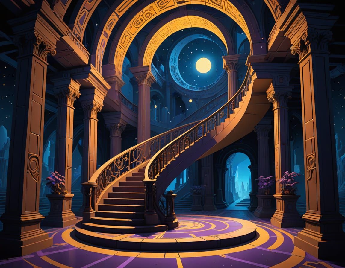 Escher-Inspired Infinite Staircase Structure in Deep Purples...