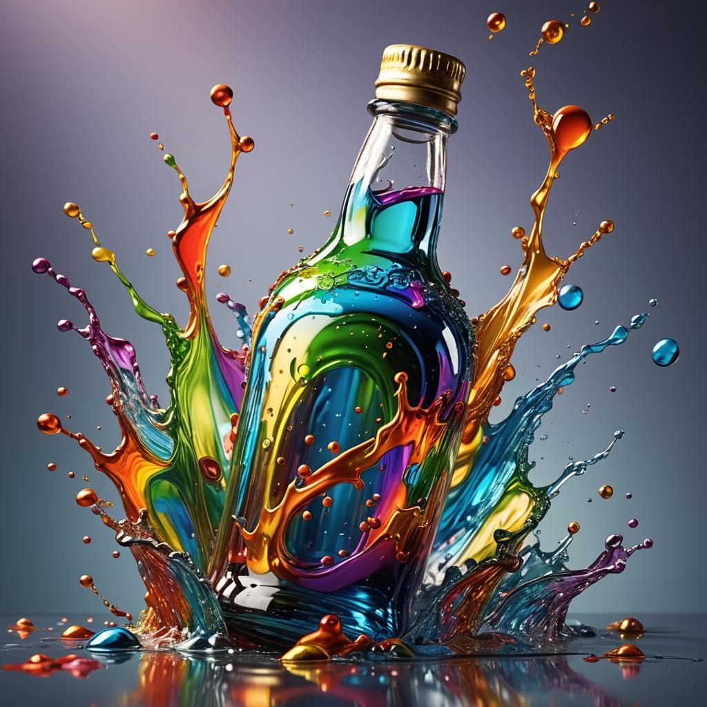 Hyperrealistic Glass Bottle Splash Art with Rainbow Liquid