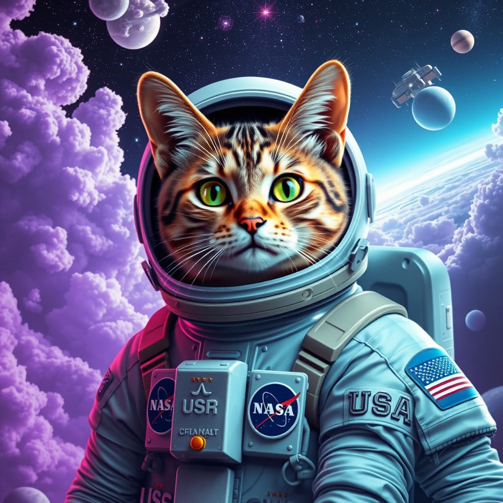 Cat Astronaut Portrait in Space, Realistic Digital Art