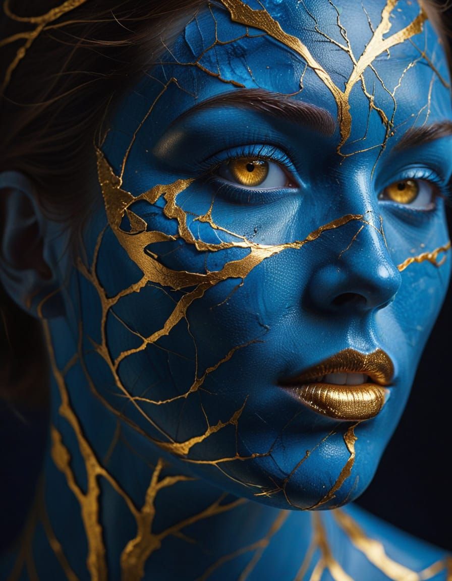 Kintsugi Portrait in Surrealist Style with Gold Light