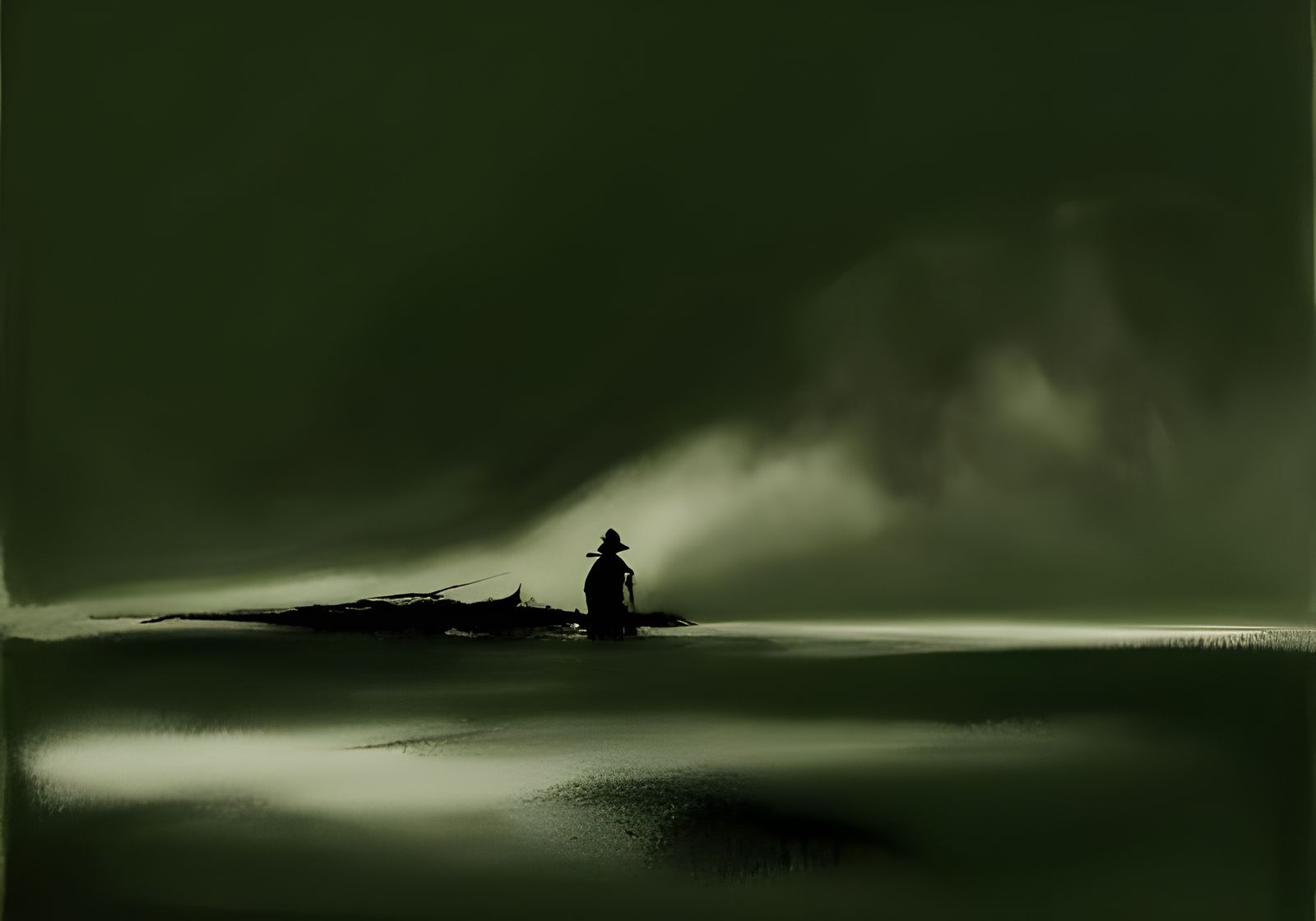 Solitary Shipwreck in Ink Wash Style