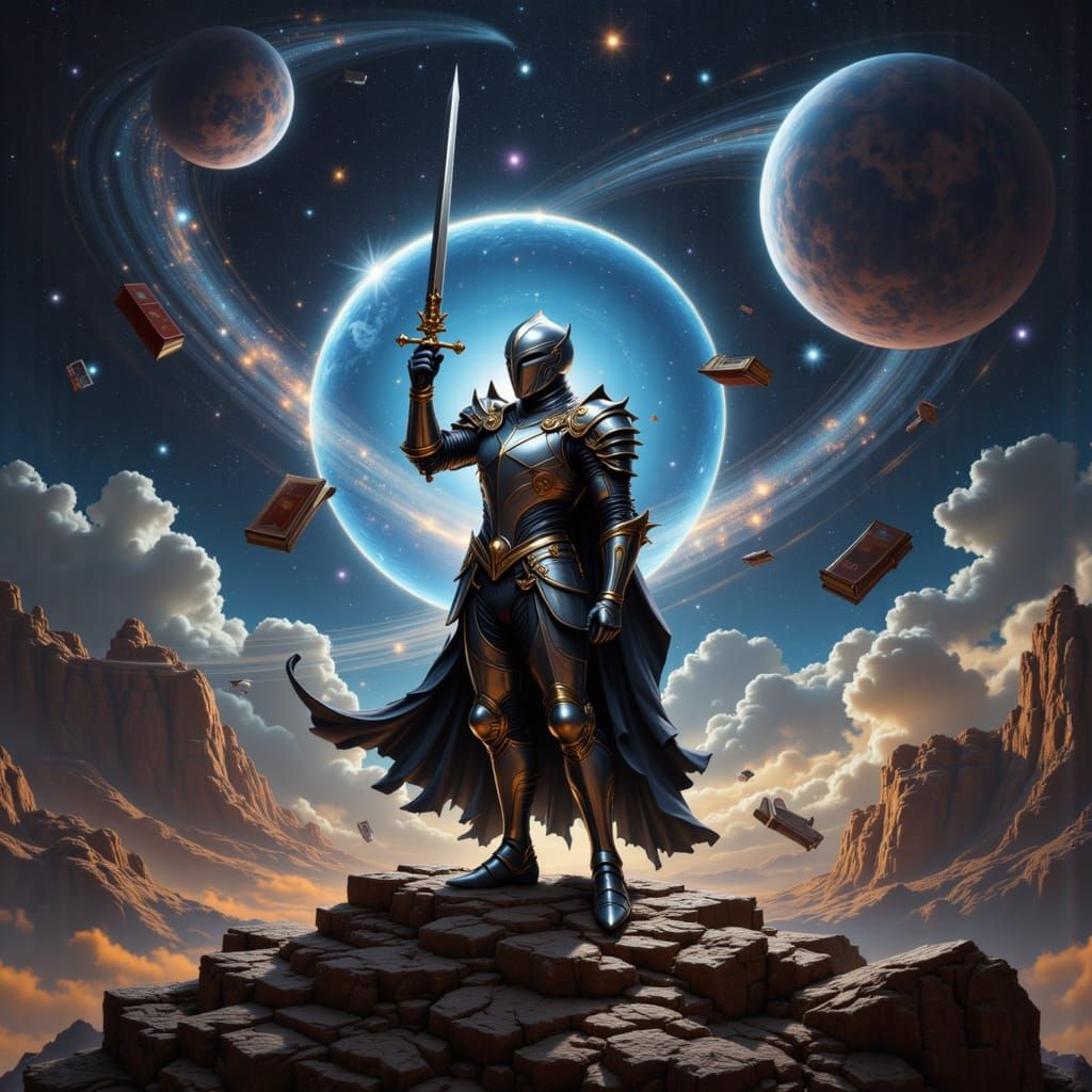 Knight on Saturn in Gothic Art Nouveau Style