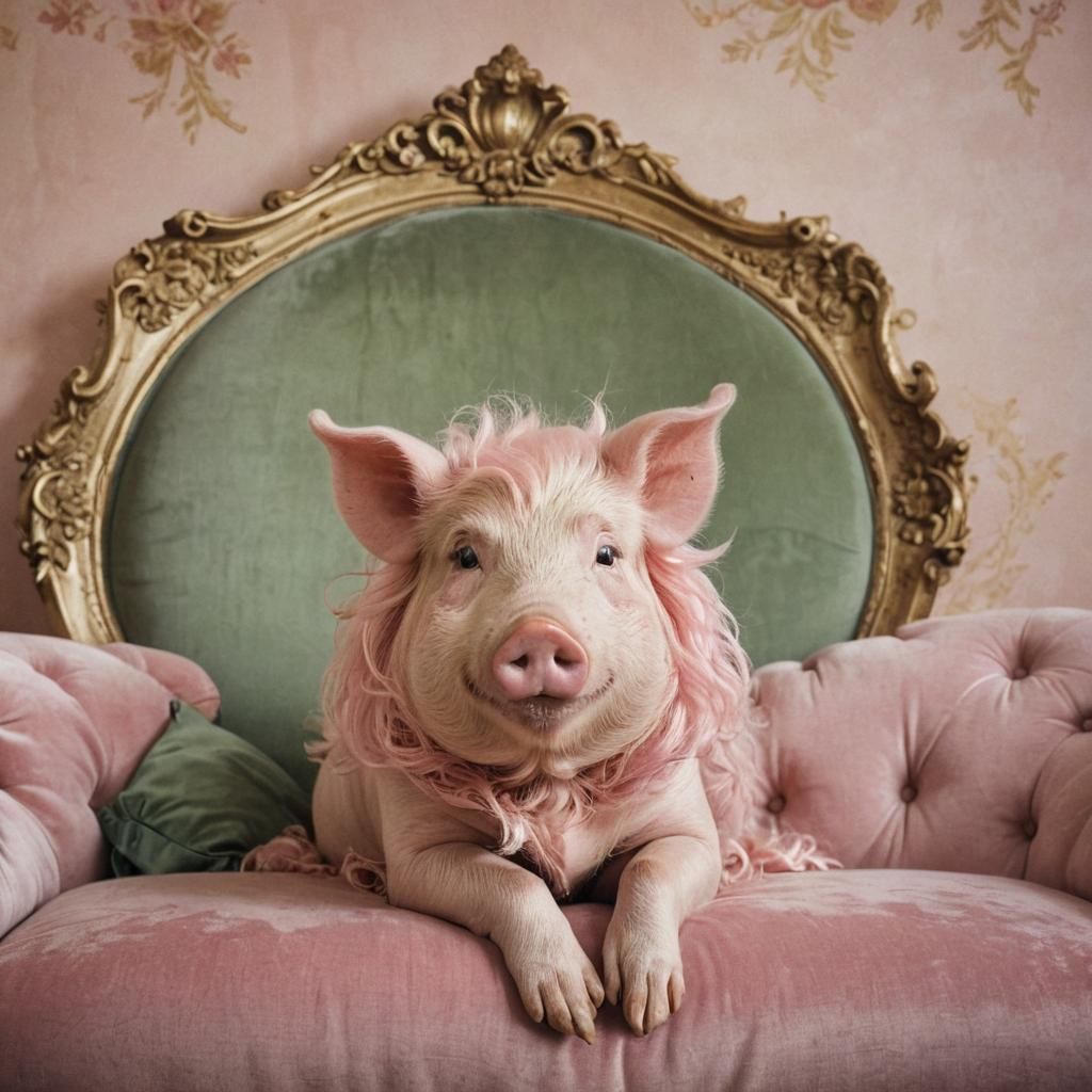 Pig in Wig on Velvet Couch: Whimsical Illustration