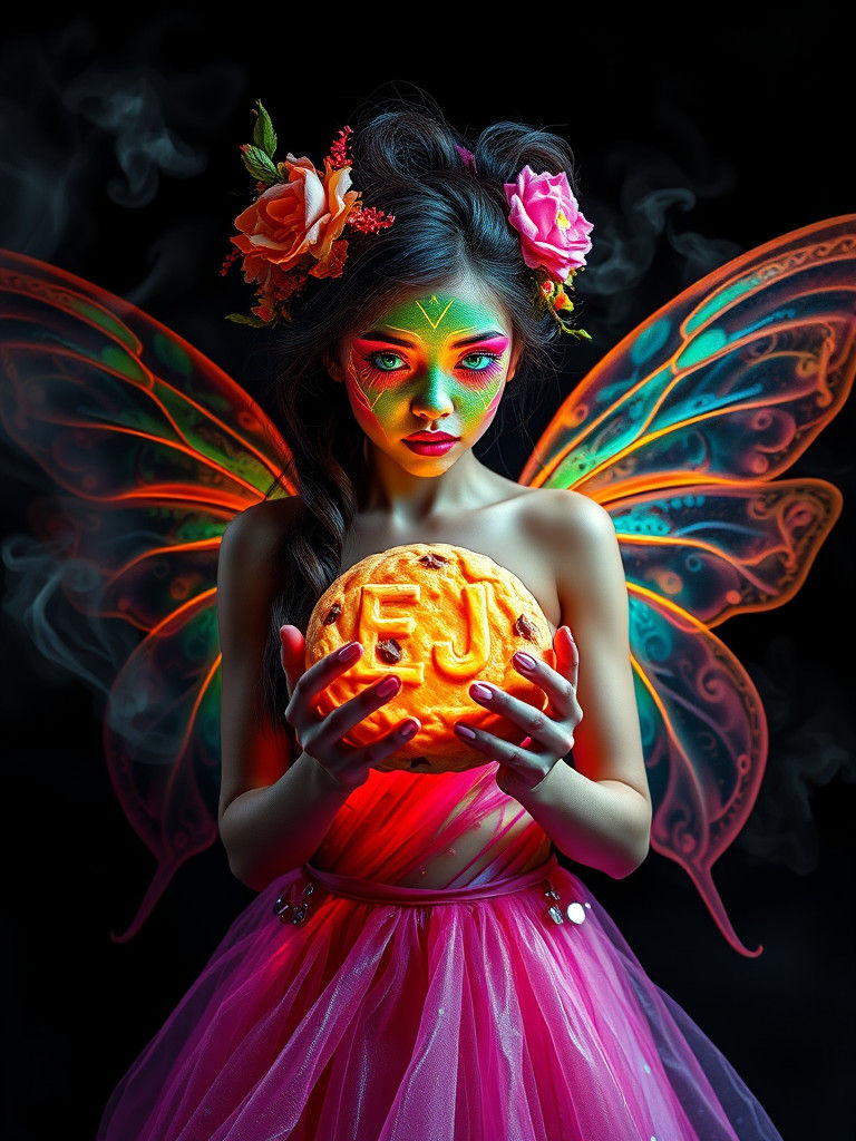 Neon Fairy with Cookie in Hyperrealistic Style