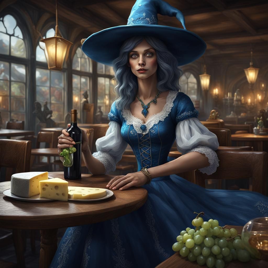 Whimsical Witch Enjoying Wine in Cafe: Fantasy Art