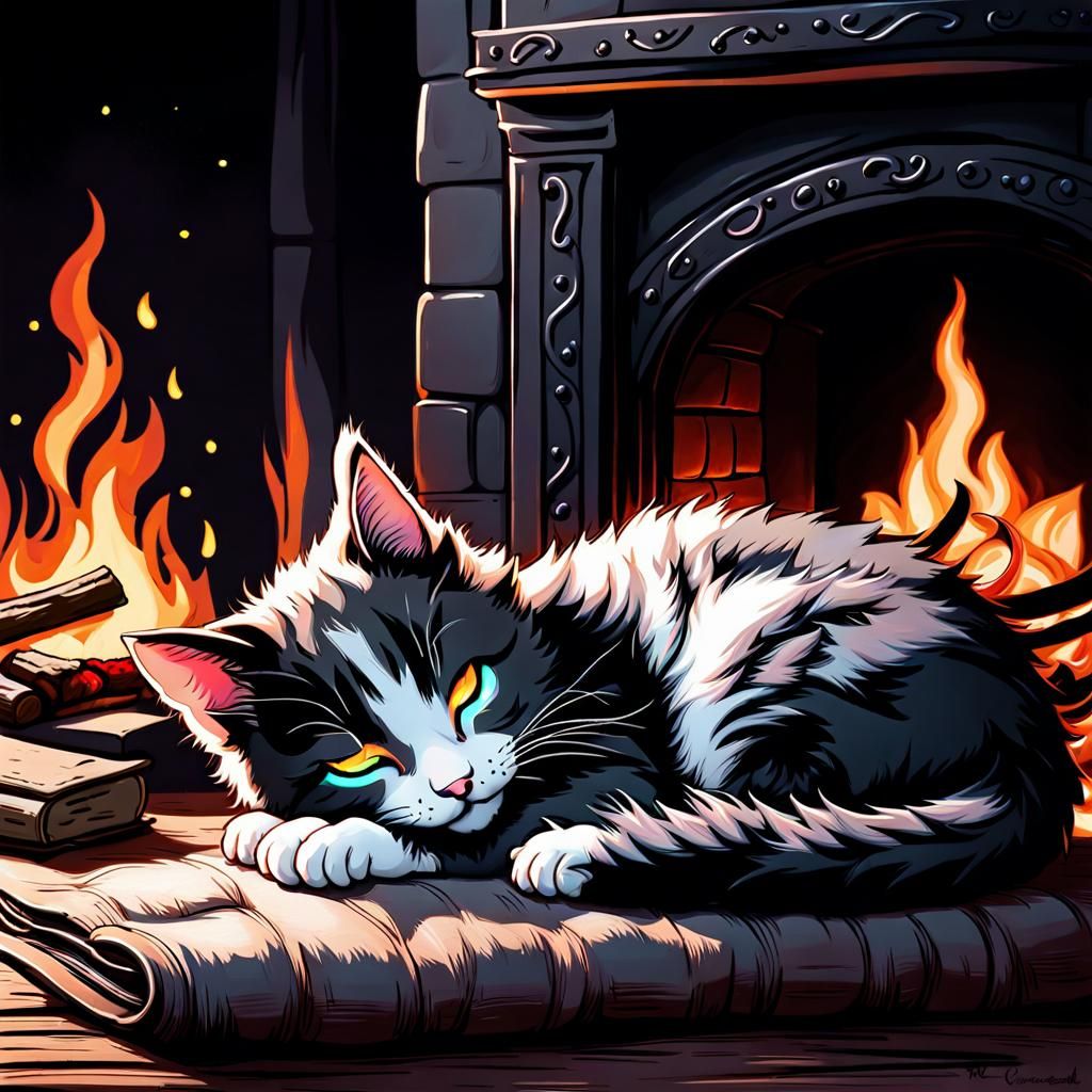 Chibi Kitten's Fireside Slumber: Cute Storybook Art