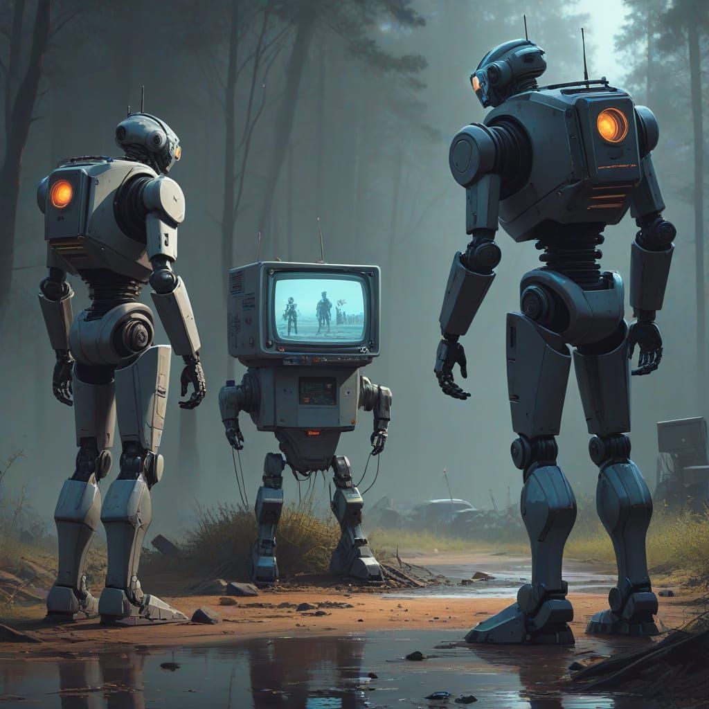 Futuristic TV gameshow robots Vs humans by Simon Stålenhag
